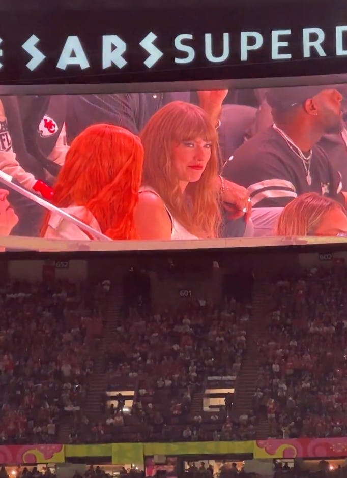 Taylor Swift at the Super Bowl. Screenshot via X