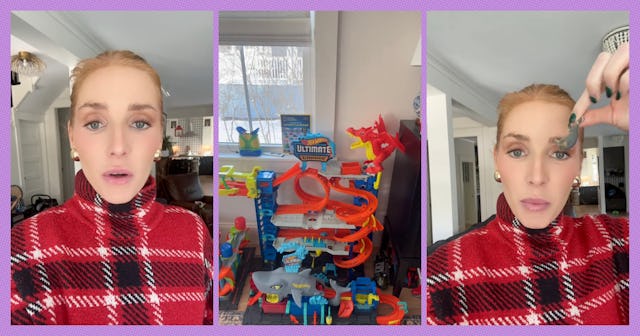 A woman in a checkered sweater appears in three frames. The center frame features a colorful toy tra...