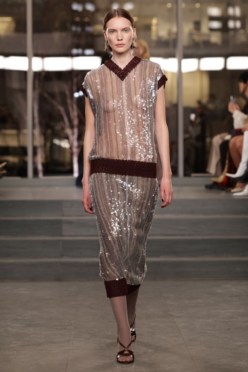 Model on the runway at the Tory Burch Fall RTW 2025 fashion show as part of New York Fashion Week he...