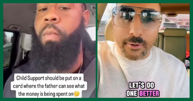 Split image featuring two men speaking about child support. The left shows a man with a beard sharin...