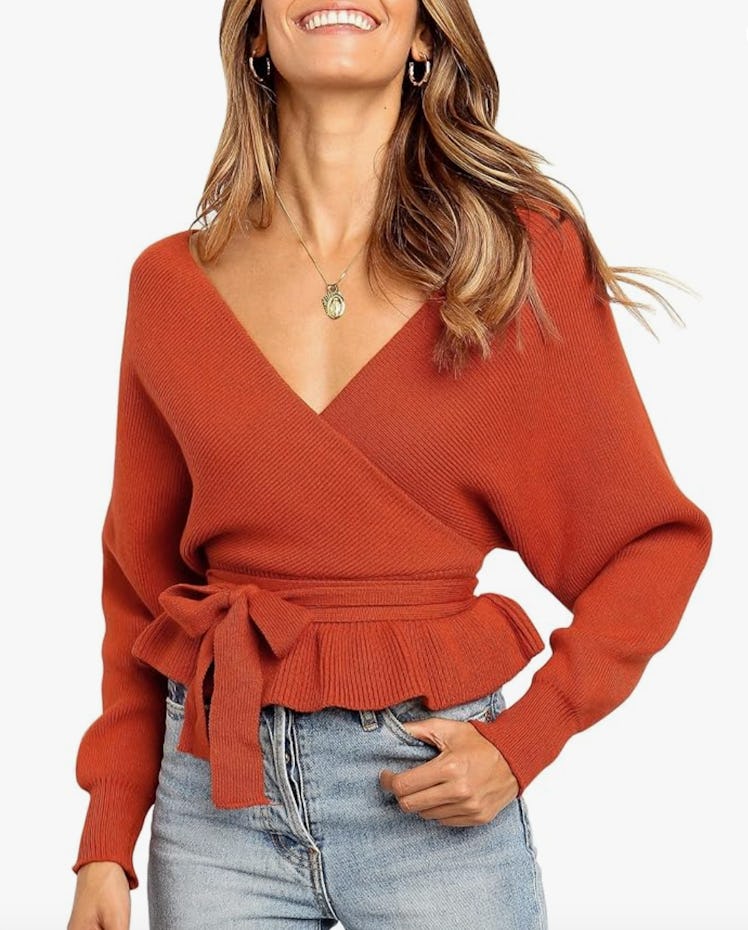 ZESICA Wrap V Neck Knitted Sweater 