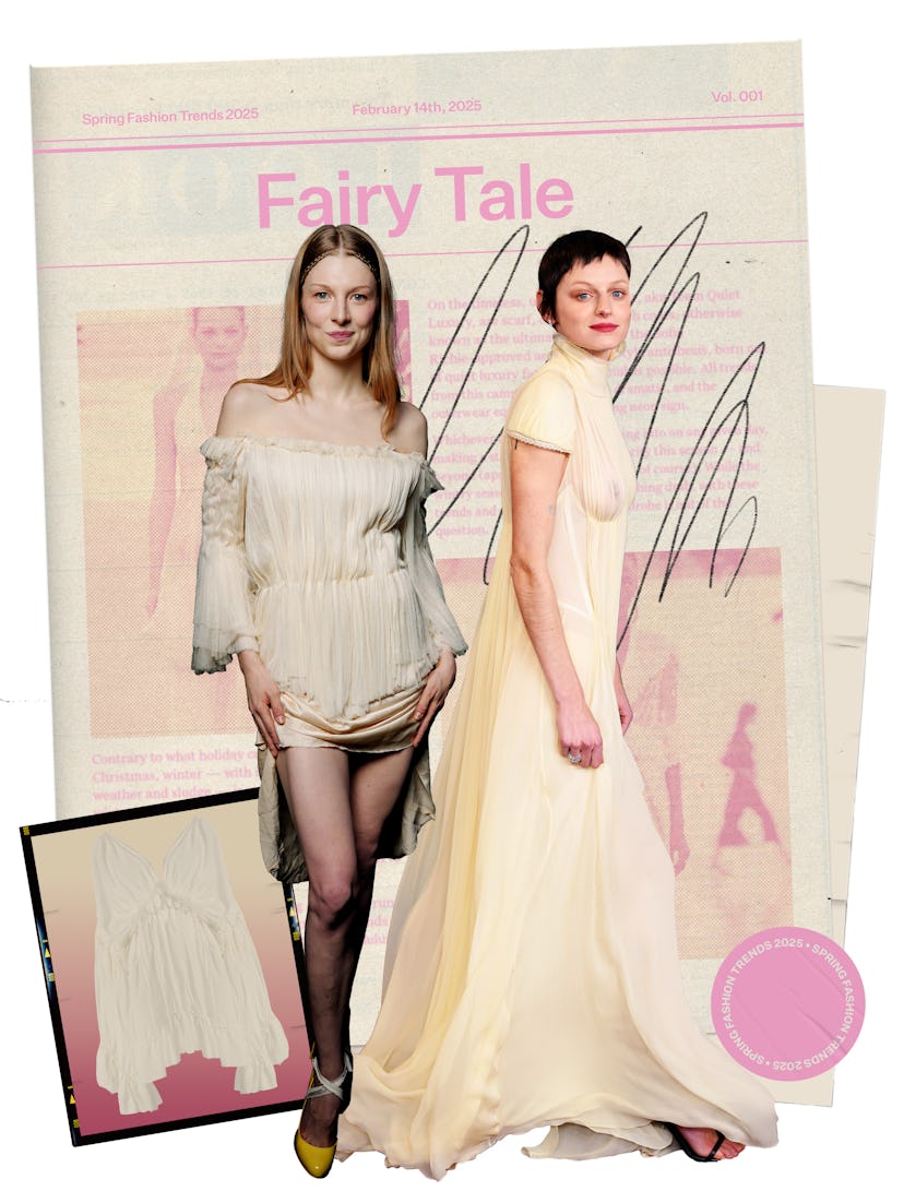 Printemps 2025 Tendances de la mode: Hunter Schafer et Emma Colin en tenues de conte de fées.