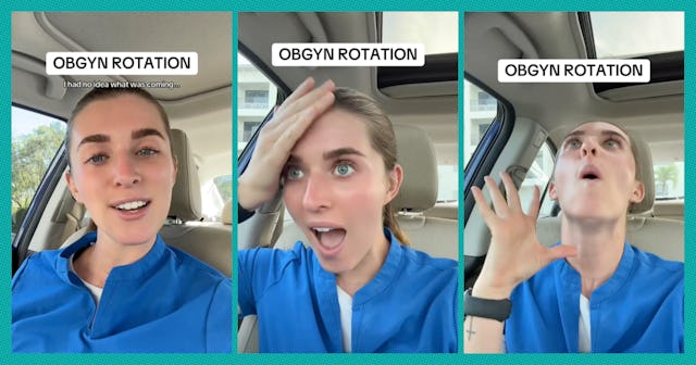 A series of three images shows a smiling woman in a blue medical top inside a car, expressing surpri...