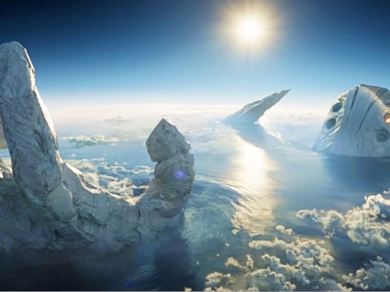 A surreal landscape features a giant stone hand emerging from clouds, with a mysterious rock formati...