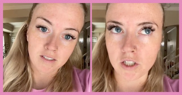 A split image of a woman with long blonde hair and blue eyes, wearing a pink shirt. She appears seri...