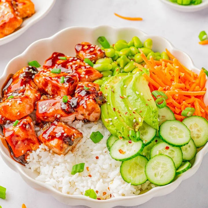 Teriyaki salmon bowls with rice and veggies, in a list of ideas answering the question, what should ...
