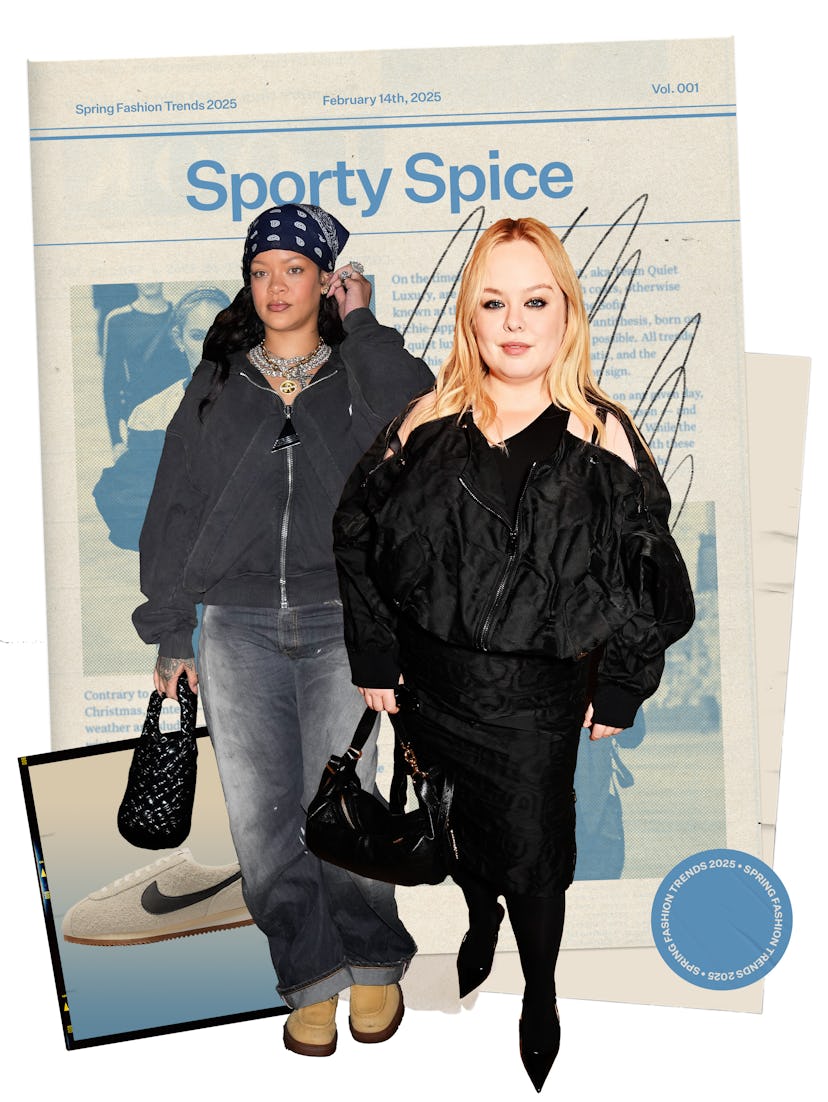 Printemps 2025 Tendances de la mode: Rihanna et Nicola Cofran vêtus de vêtements chics sportifs.