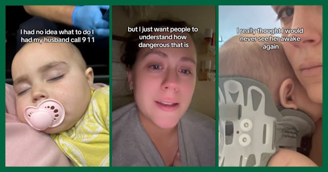A collage of three images: a sleeping baby with a pacifier, a concerned woman speaking directly to t...
