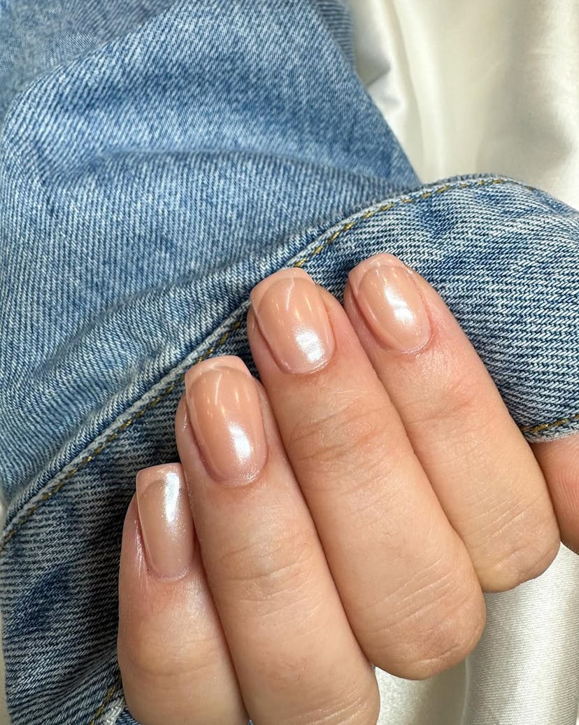 French manicure with pink tips and pink chrome overlay