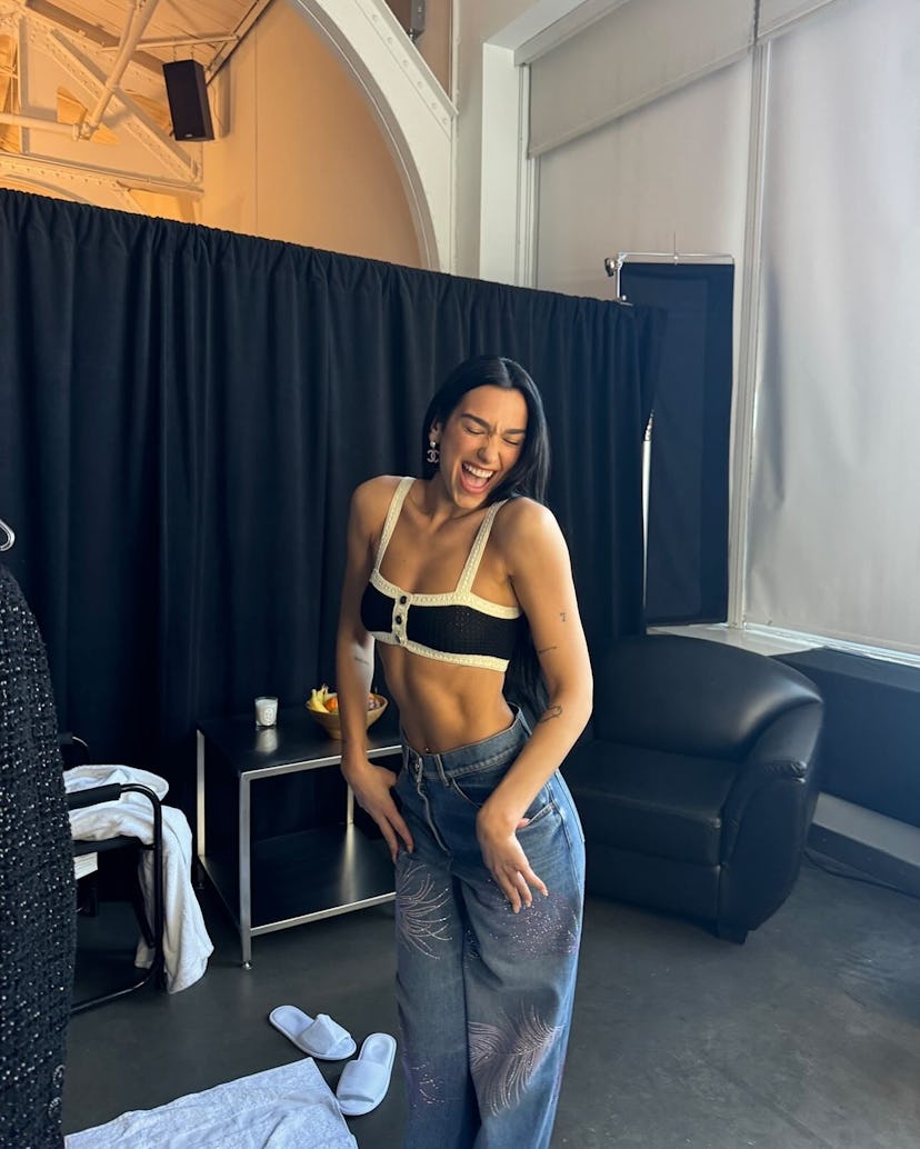 Dua Lipa wore a knit bra as a top.