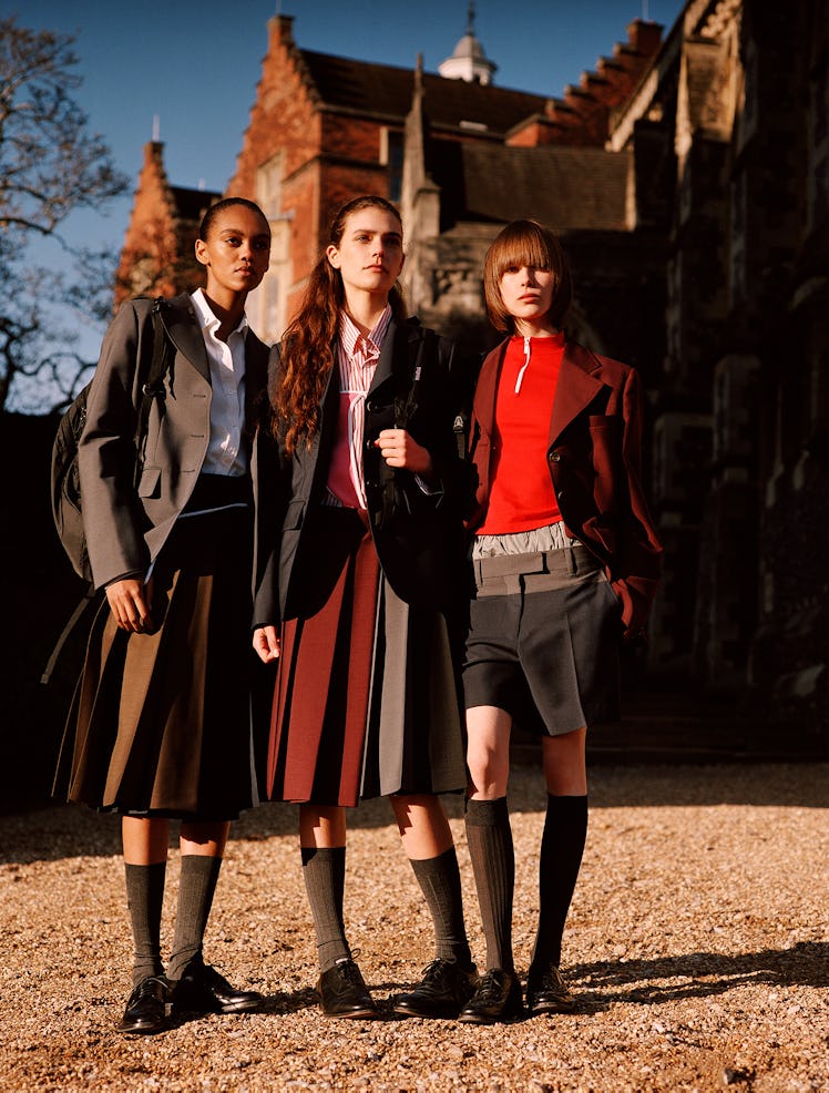 Models outside a school in London