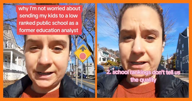 A woman is speaking outdoors, with a slight smile, discussing her views on low-ranked public schools...