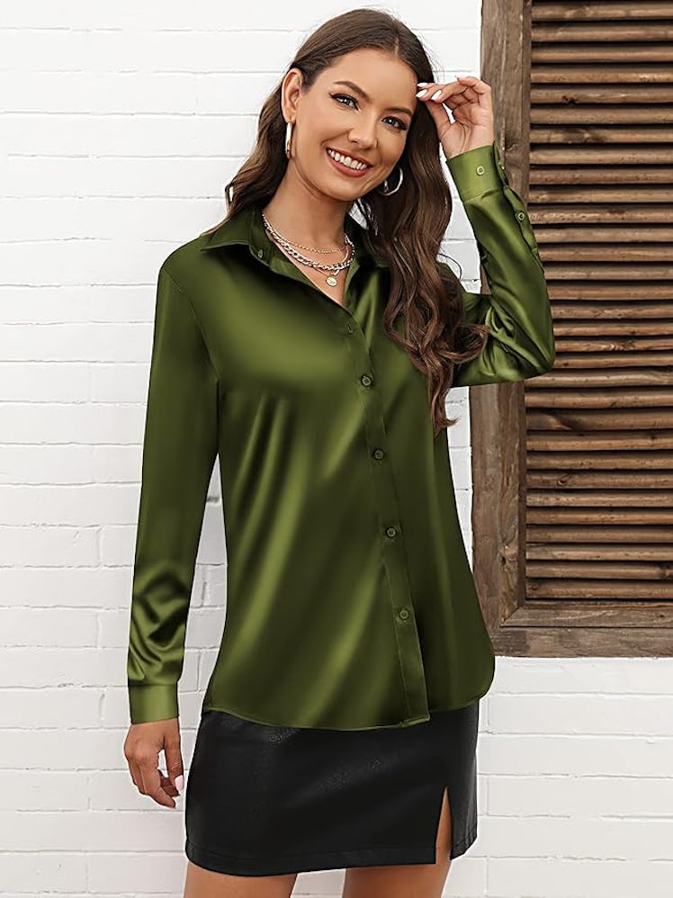 CUNLIN Satin Button-Down Blouse