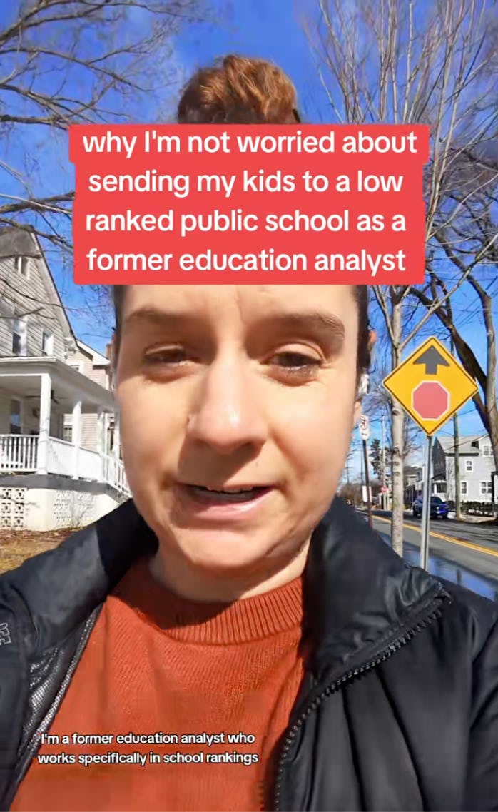 A woman outdoors holds the camera while discussing her perspective on public school rankings. Text overlays emphasize her confidence based on her background in education analysis. A street sign is visible in the background.