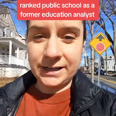 A woman outdoors holds the camera while discussing her perspective on public school rankings. Text overlays emphasize her confidence based on her background in education analysis. A street sign is visible in the background.