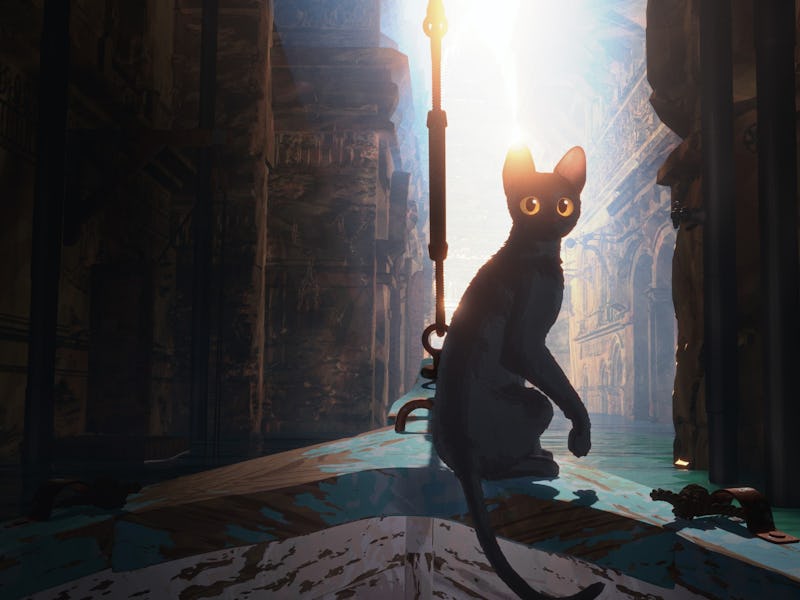 A silhouetted black cat with glowing eyes sits atop a boat, surrounded by a sunlit, abandoned struct...