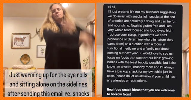 A mom stands in a room sharing an email she sent to her son's soccer team about healthy snacks.