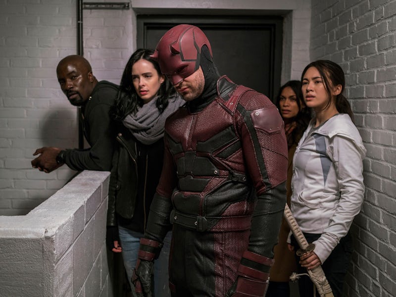 Mike Colter, Krysten Ritter, Charlie Cox, Rosario Dawson, and Jessica Henwick in The Defenders