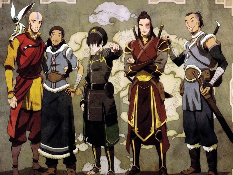 A grown-up Aang, Katara, Toph, Zuko, and Sokka in Avatar: The Legend of Korra