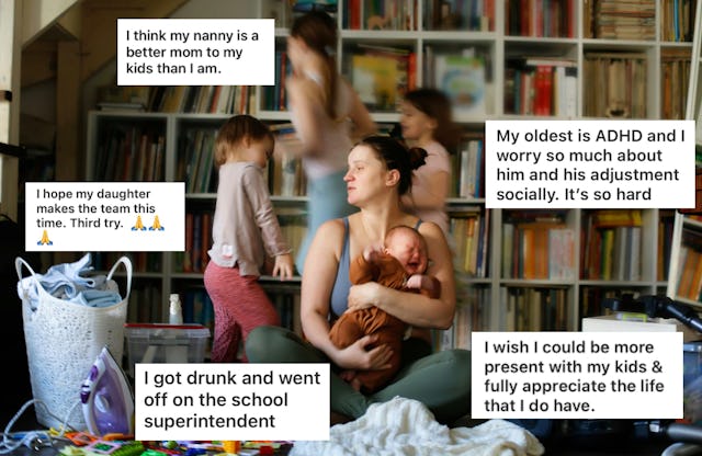 A mother holds a baby while looking weary, surrounded by children and books. Text bubbles express he...