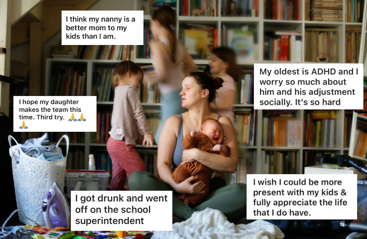 A mother holds a baby while looking weary, surrounded by children and books. Text bubbles express her feelings of guilt and concern about parenting.