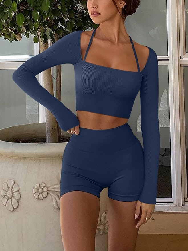 LASLULU Square-Neck Long Sleeve Halter Crop Top