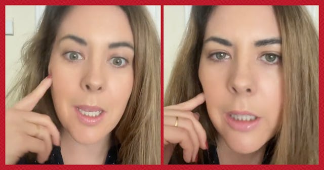 A woman with long, wavy brown hair appears in two close-up shots. She gestures with her fingers whil...