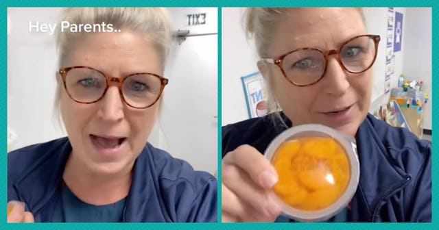 A woman with glasses and blonde hair speaks animatedly, holding a container of orange snacks. She ap...