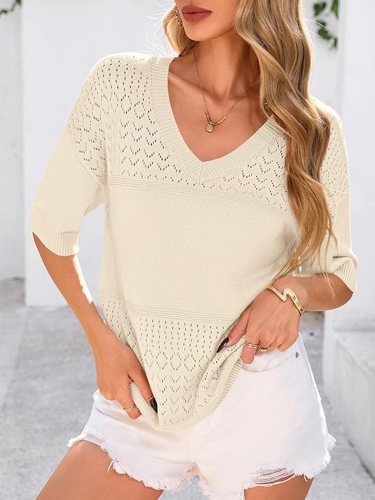 PRETTYGARDEN Short Sleeve V-Neck Sweater