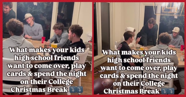 A group of young adult men play cards around a table.