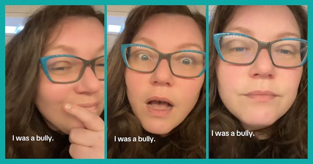 A triptych of images features a woman with long hair and glasses, displaying different facial expres...