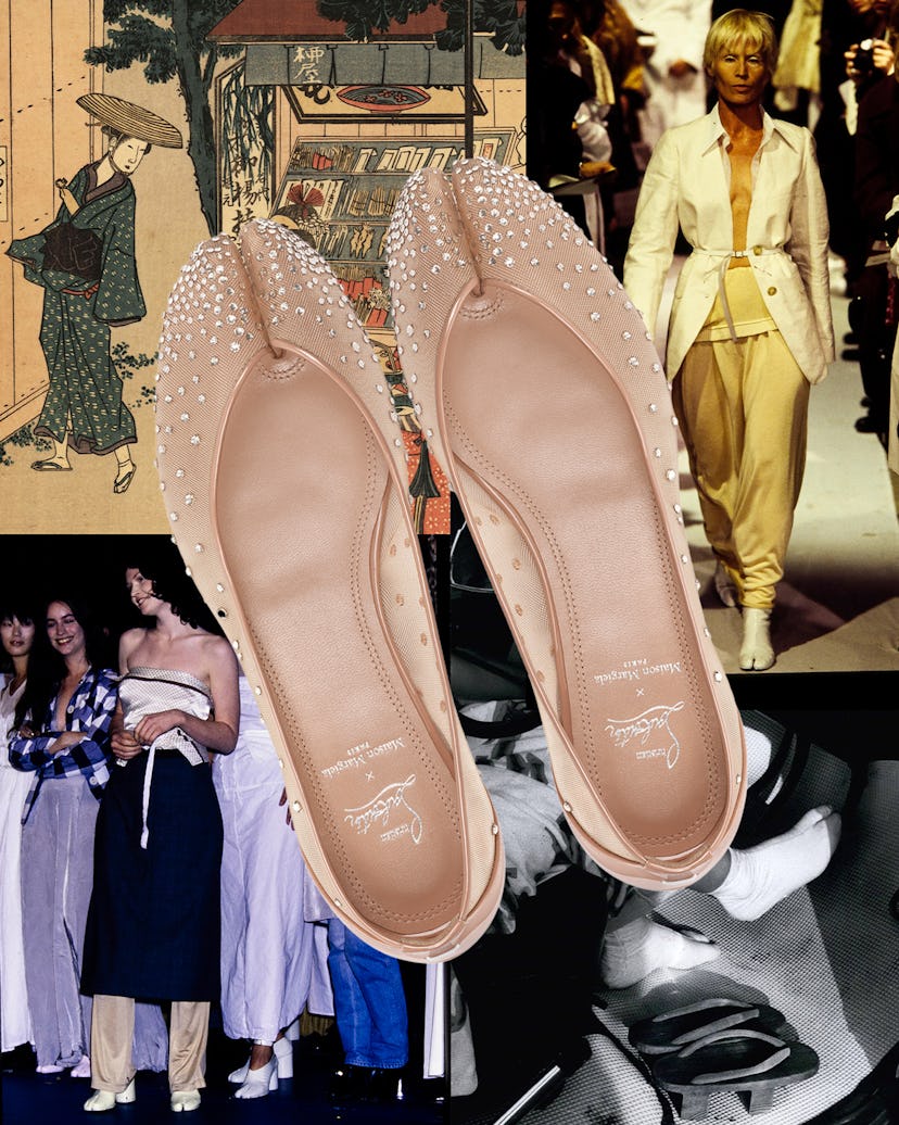 A collage of Christian Louboutin's collaboration with Maison Margiela shoes atop images that evoke t...