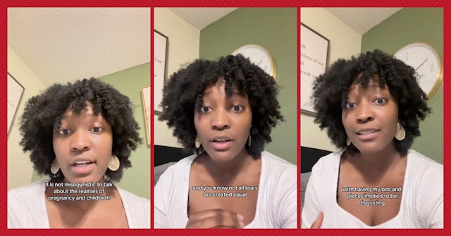 A woman with curly hair speaks passionately on camera, addressing misconceptions about pregnancy and...