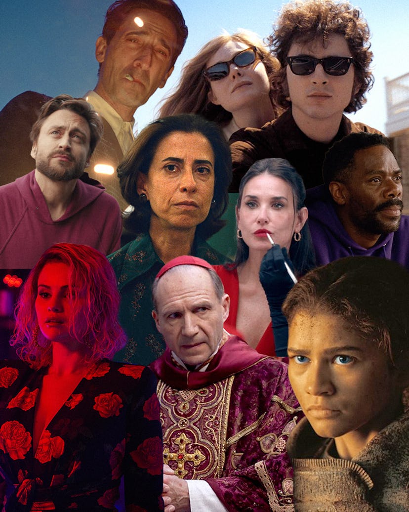 Adrien Brody in The Brutalist, Elle Fanning and Timothée Chalamet in A Complete Unknown, Kieran Culk...