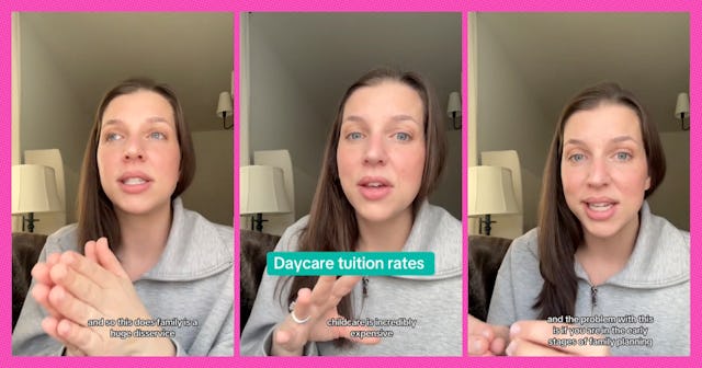 A woman in a gray sweater appears in three side-by-side frames, discussing daycare tuition rates wit...