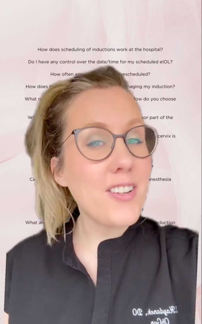A smiling woman in a black shirt speaks to the camera, with text in the background that poses questi...