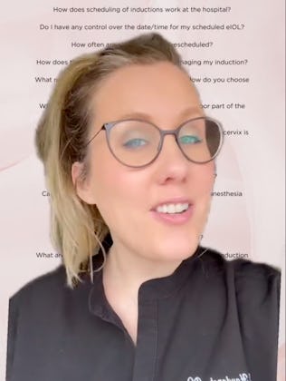 A smiling woman in a black shirt speaks to the camera, with text in the background that poses questi...