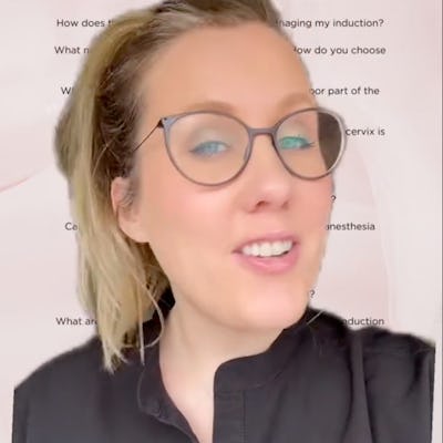 A smiling woman in a black shirt speaks to the camera, with text in the background that poses questions about hospital induction procedures.