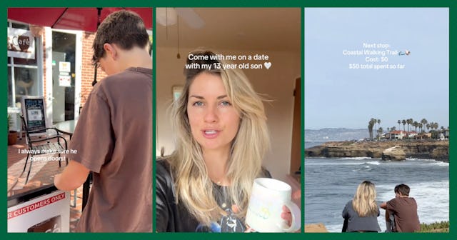 Three images side by side: a boy at a café, a woman holding a drink with text about a date with her ...