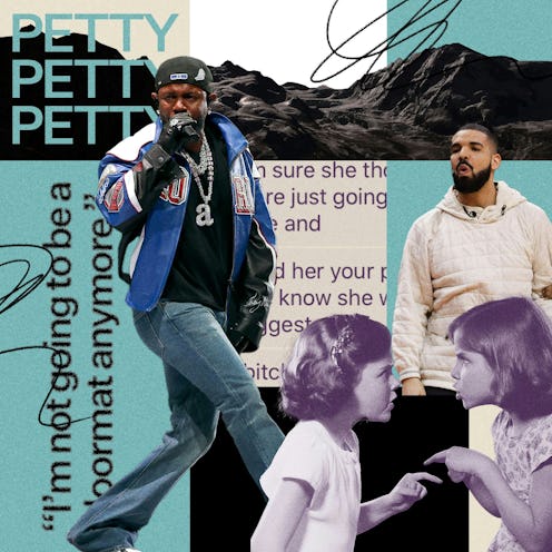 A collage that features the word "petty" alongside photos of two young girls, and Kendrick Lamar and...