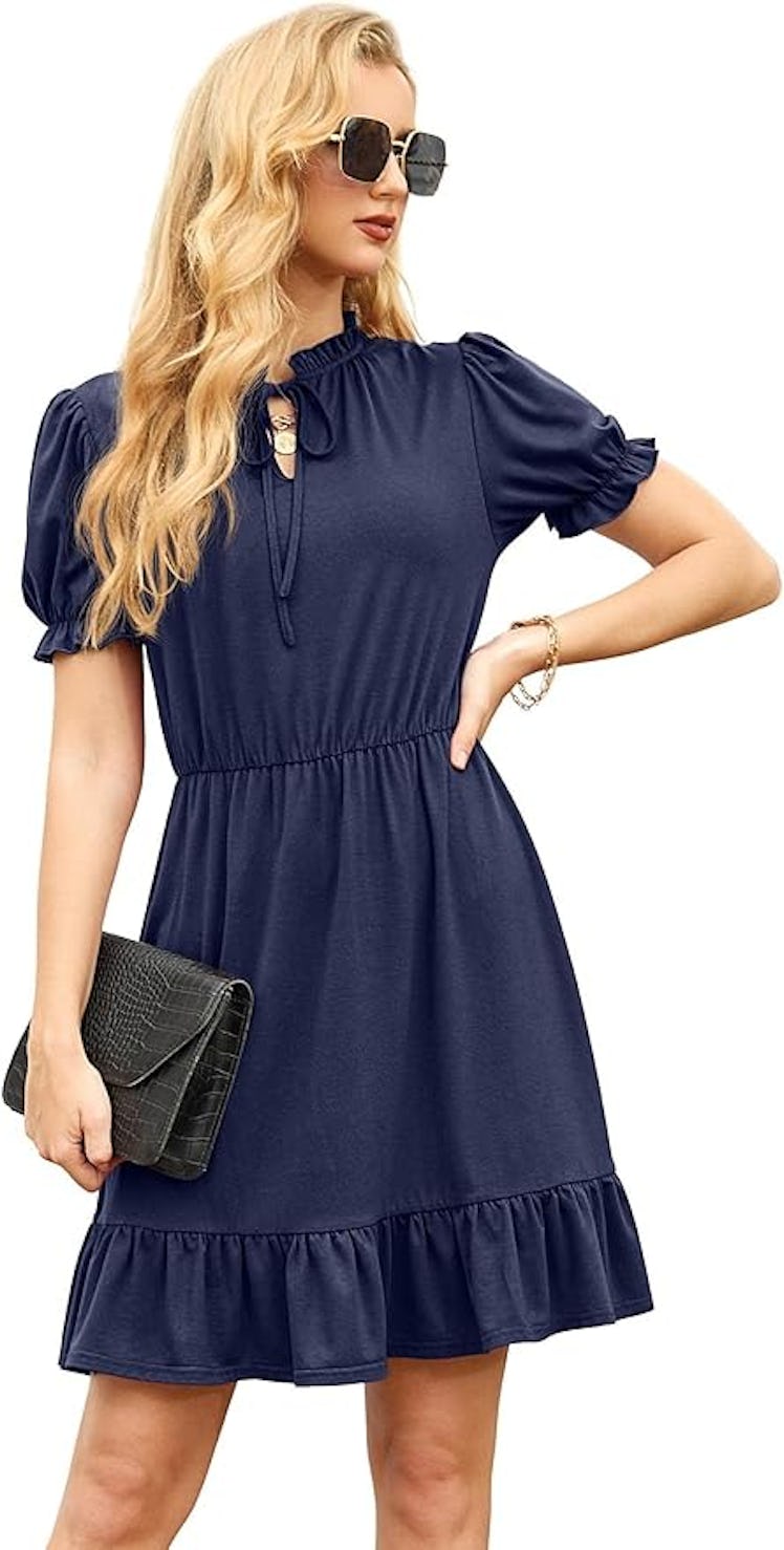 GRECERELLE Tie Neck Ruffle Short Sleeve A-Line Dress