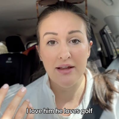 A woman speaking in a car, expressing her affection for her husband who loves golf. She has dark hair and is wearing a light jacket.