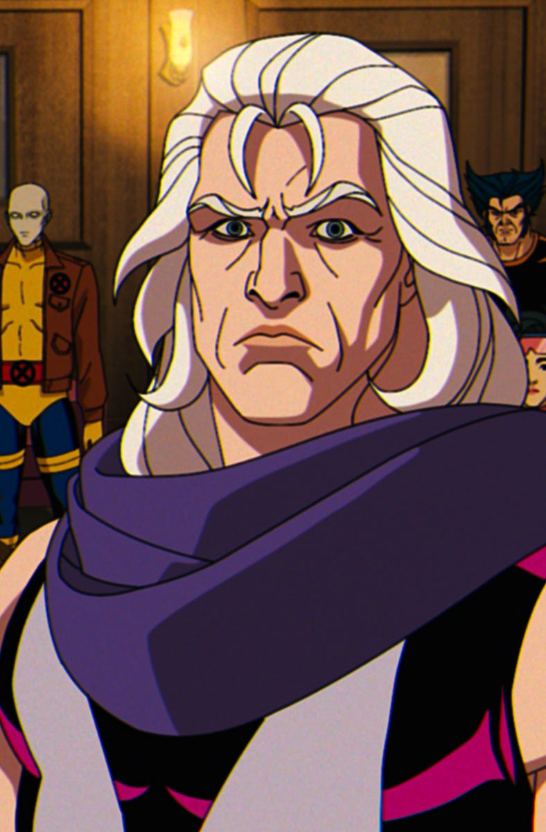 Bishop, Cyclops, Jean Grey, Rogue, Morph, Margneto, Wolverine, Beast, and Gambit in X-Men '97