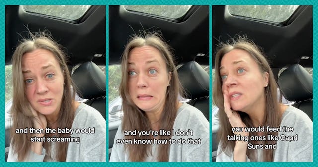 A woman with long brown hair sitting in a car is captured in three panels, discussing babysitting in...