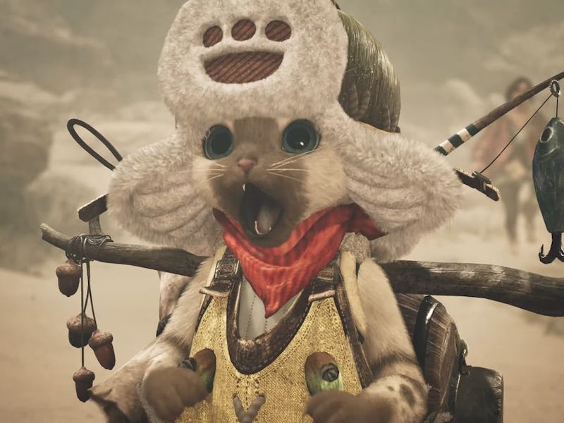A Palico with a surprised happy expression
