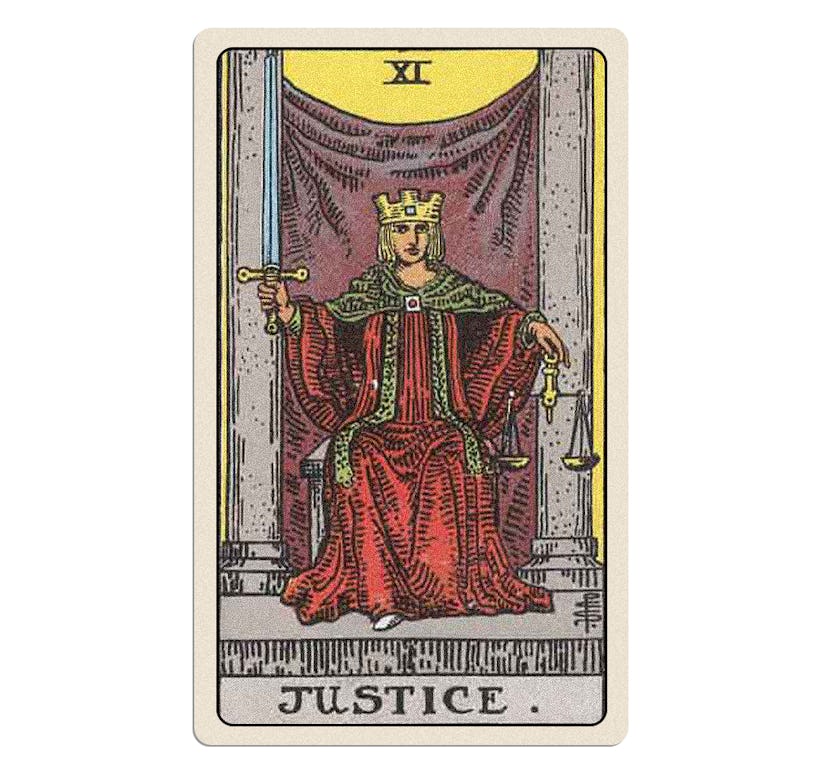 Your tarot reading for March 2025 includes the major arcana card Justice.