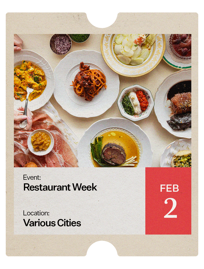 A graphic advertising Restaurant Week, taking place in various cities.