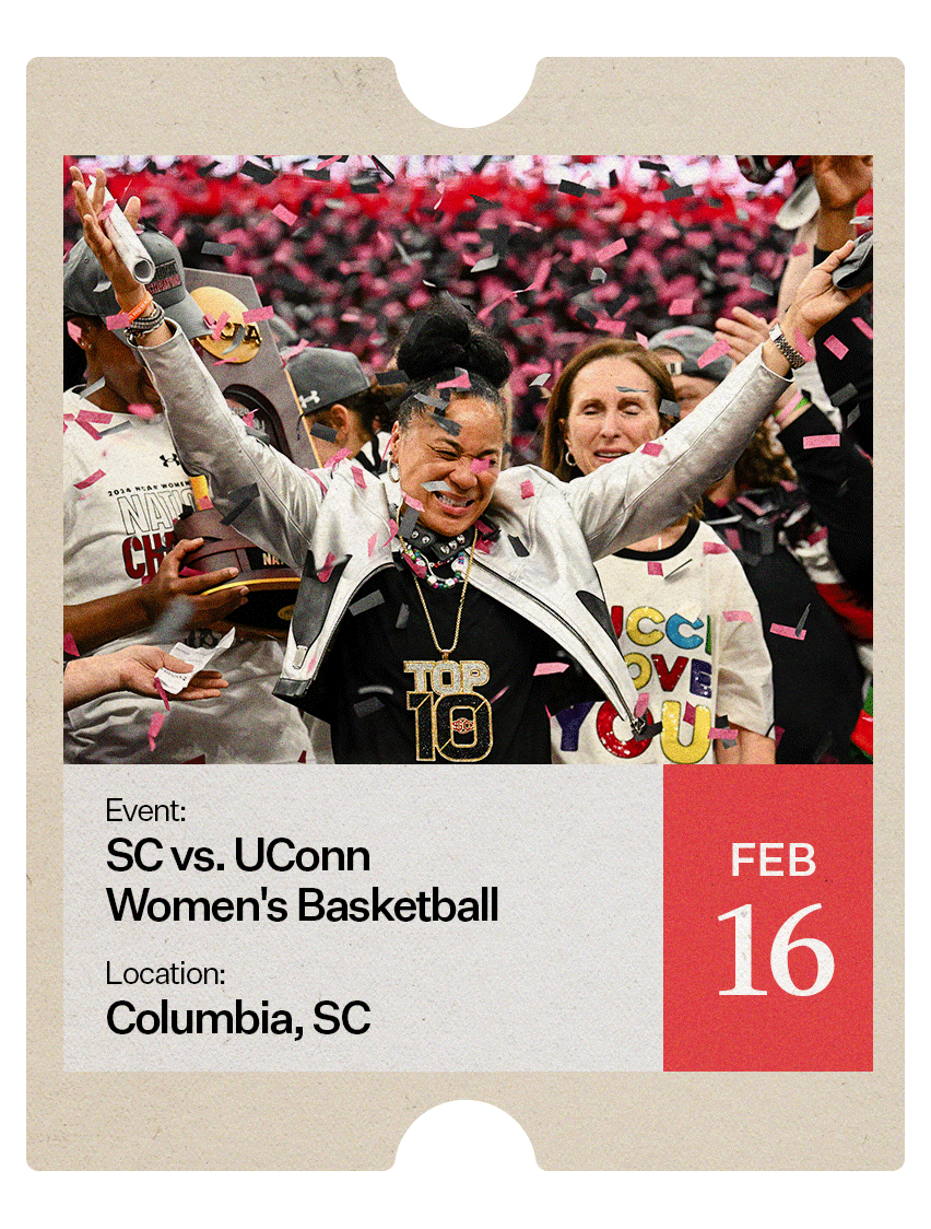 A graphic advertising a women&rsquo;s basketball game between SC and UConn, on February 16.