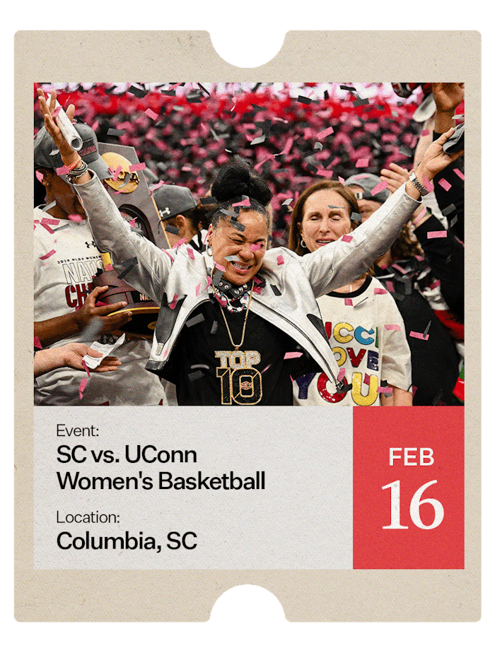 A graphic advertising a women’s basketball game between SC and UConn, on February 16.