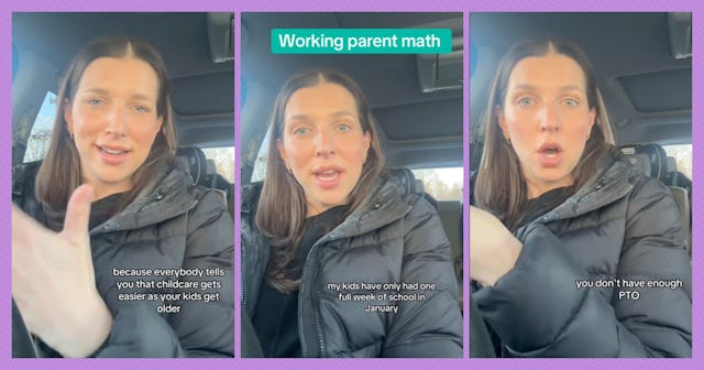 A woman in a car shares thoughts on the challenges of being a working parent, discussing school sche...